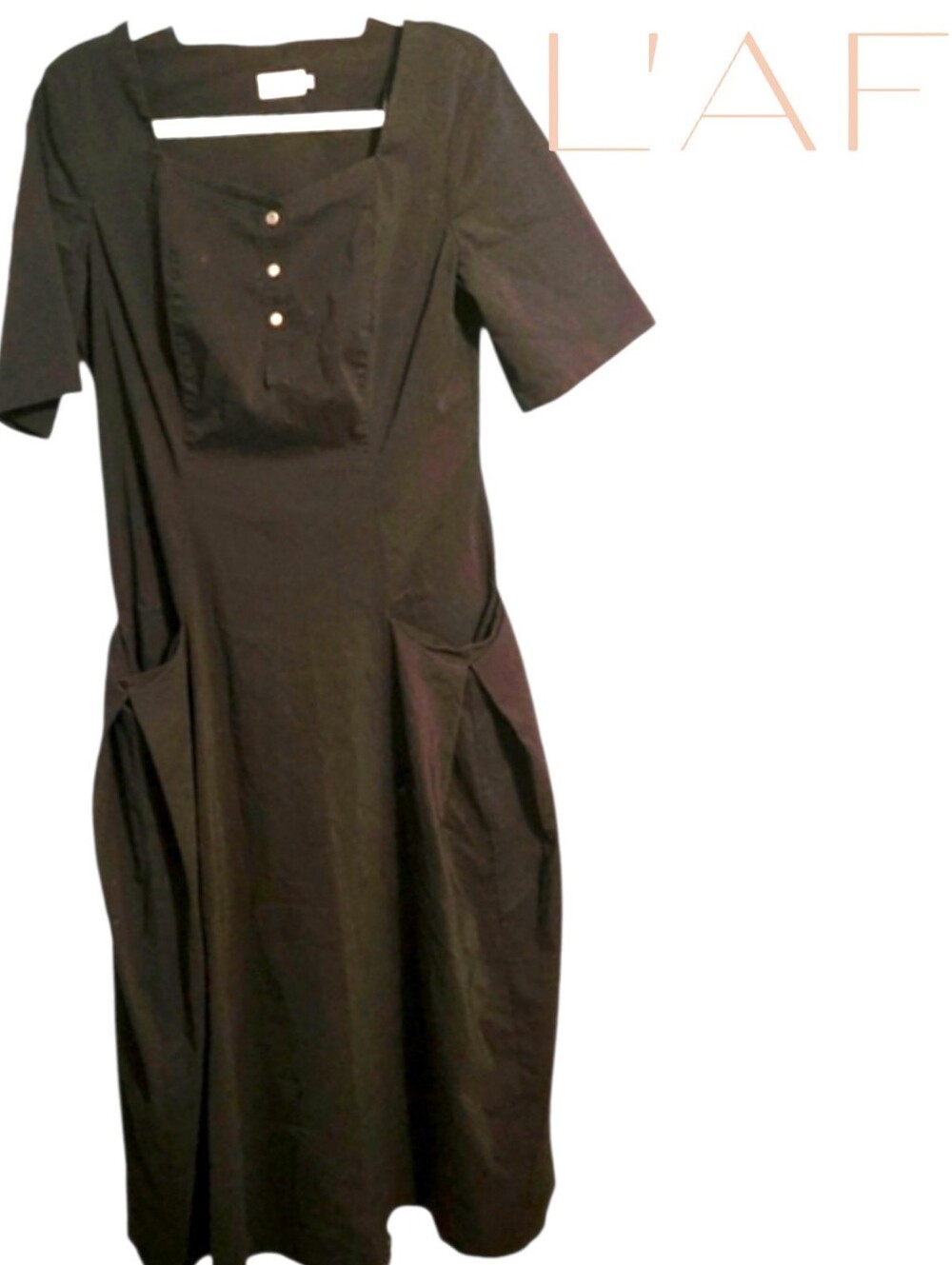 L'AF Cotton Shirtwaist Dress Black Buttons Oversized Draped Pockets Midi Sz US 2